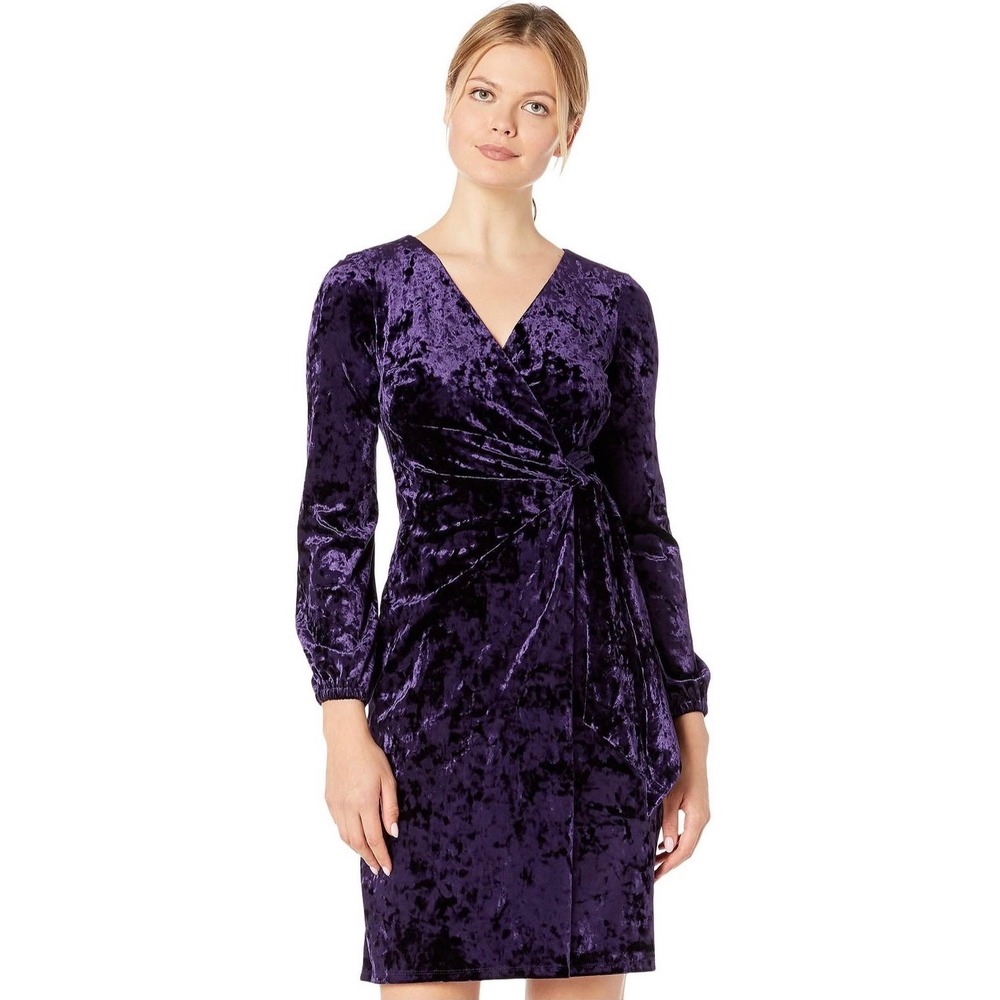 Lauren Ralph Lauren Purple Crushed Velvet Wrap Dress V-Neck Long Sleeve NEW